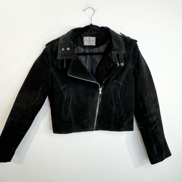 Vero Moda Jeans black suede leather cropped asymmetrical zipper moto jacket L - Picture 4 of 14